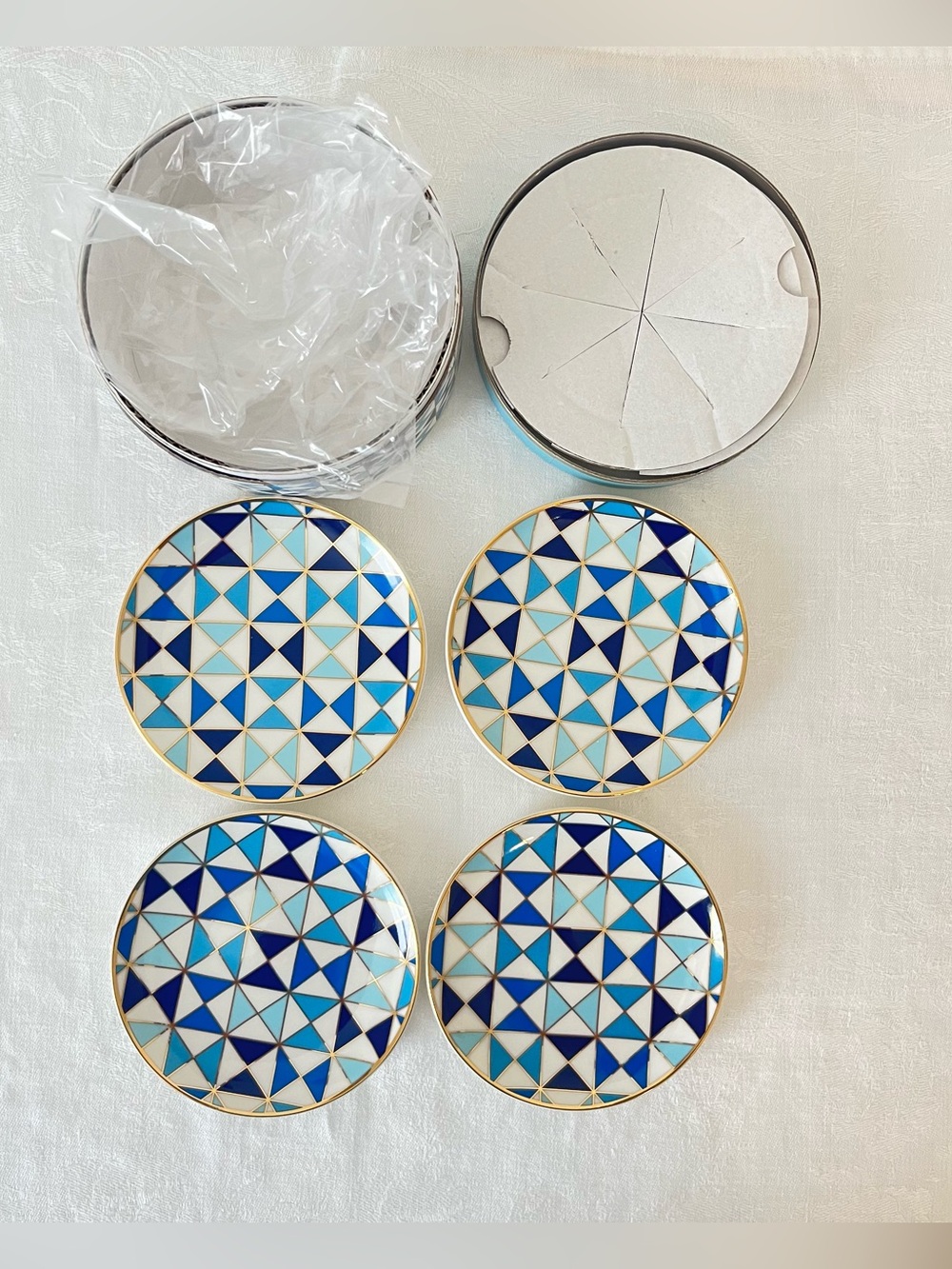 Jonathan Adler NWT Sorrento Blue and White Geometric Coaster Set of Four - Picture 7 of 13